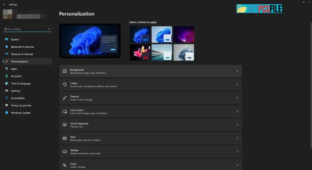 personalization interface windows 11